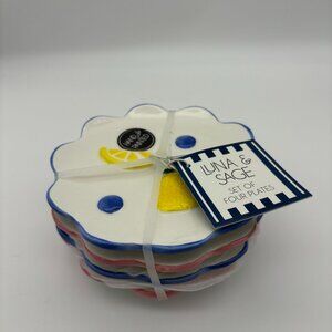 Luna & Sage Hand Painted, Lemon Blueberry Appetizer Dessert Plates, Set of 4